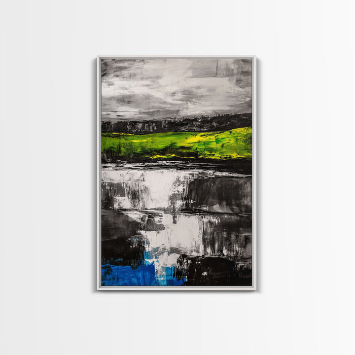 Abstract Landscape, Black White Green, Modern Painting, Framed Canvas Print, Living Room Decor, Minimalist Art, Contemporary Style