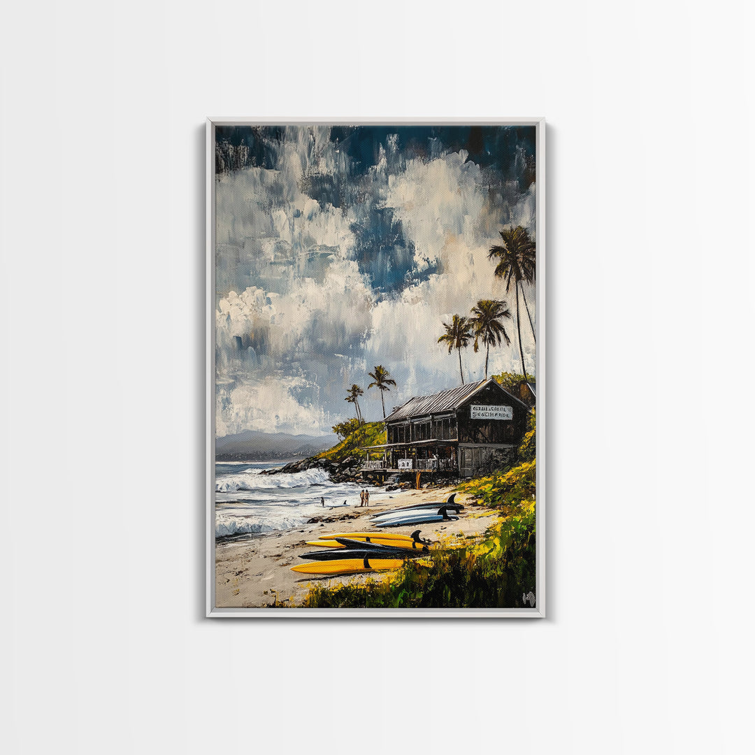 Beach Surf Shack, Tropical Art, Coastal Wall Decor, Nautical Framed Canvas Print, Surfing Gift, Ocean Sunset, Living Room Art