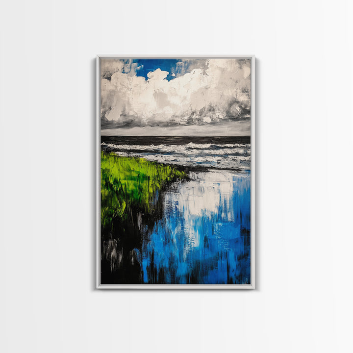 Ocean Reflections, Coastal Wall Art, Blue Abstract Beach Scene, Seascape Framed Canvas Print, Modern Home Decor, Living Room Wall Art