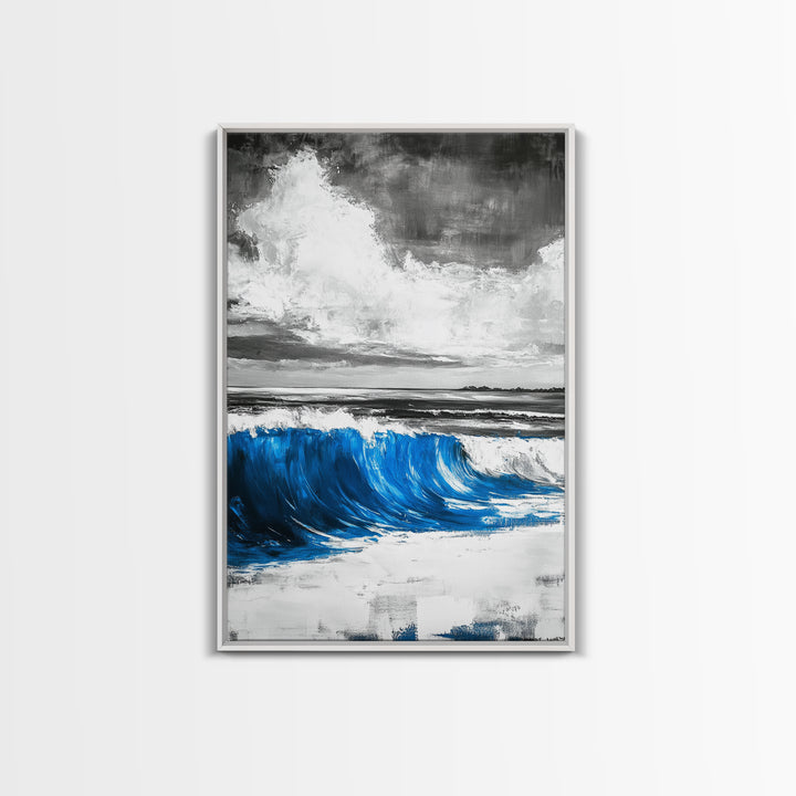Blue Ocean Wave, Surfing Wall Art, Coastal Beach Print, Nautical Home Decor, Framed Canvas Print, Large Wall Art, Minimalist Seascape