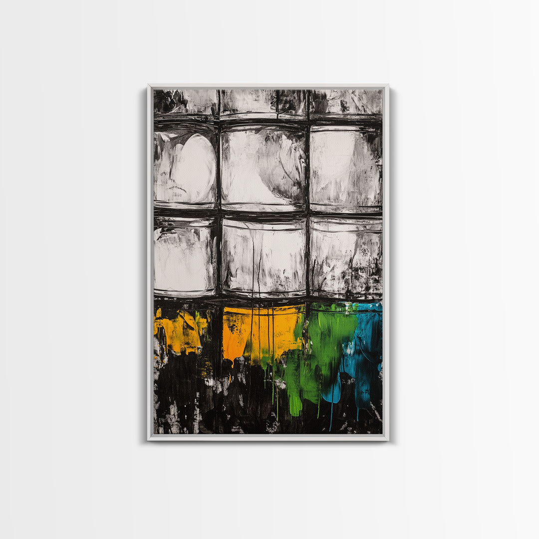 Abstract Windows, Modern Wall Art, Black and White Geometric Print, Industrial Home Decor, Framed Canvas Print, Contemporary Office Art