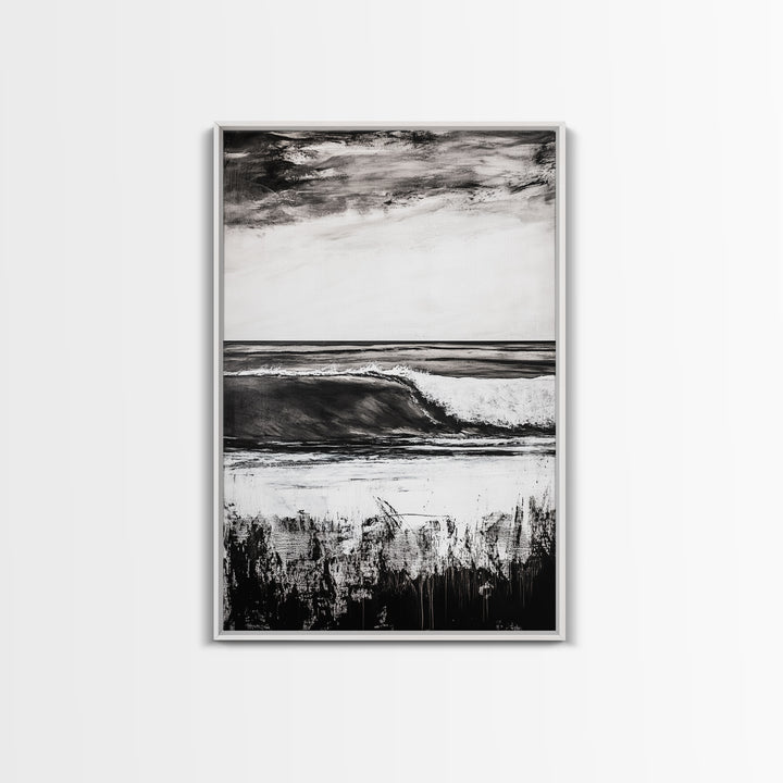 Black White Waves, Ocean Wall Art, Minimalist Coastal, Framed Canvas Print, Beach House Decor, Monochrome Seascape, Surfer Gift