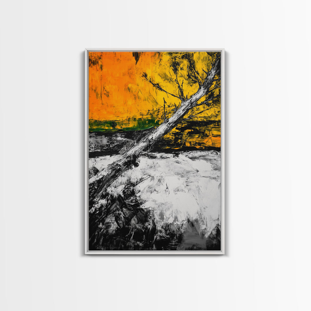 Abstract Tree, Fall Wall Art, Modern Nature Painting, Framed Canvas Print, Rustic Home Decor, Bold Orange Yellow, Unique Artwork