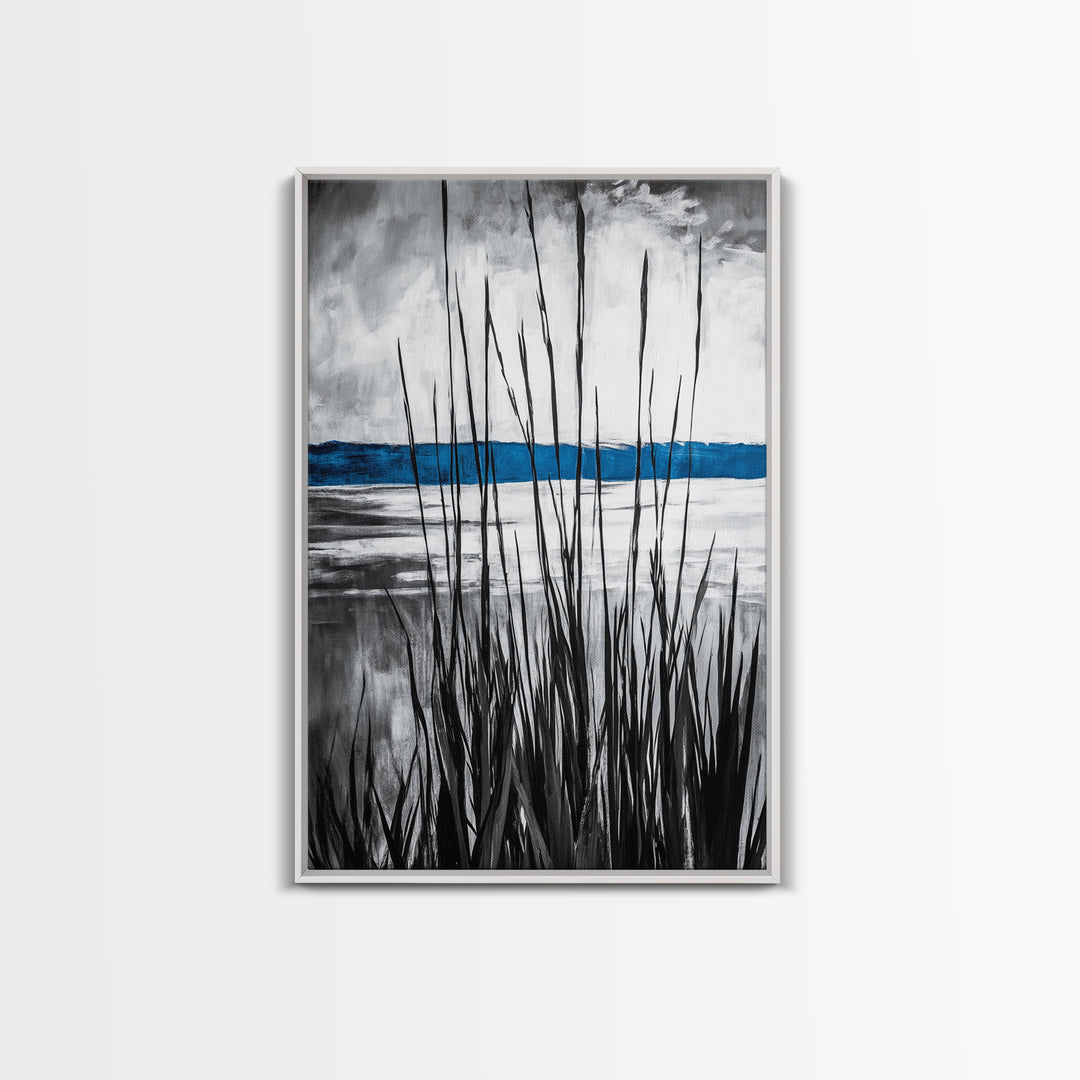 Tall Grass, Serene Lake View, Minimalist Coastal Art, Black White Landscape, Contemporary Home Decor, Canvas Print