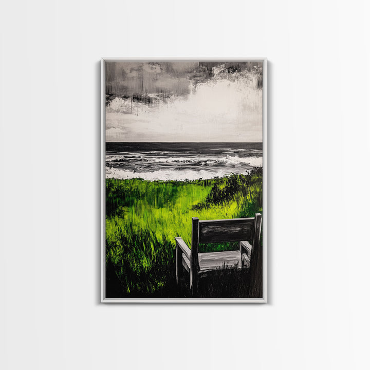 Beach View, Green Grass Landscape, Peaceful Coastal Decor, Seaside Retreat Art, Contemporary Wall Art, Framed Canvas Print