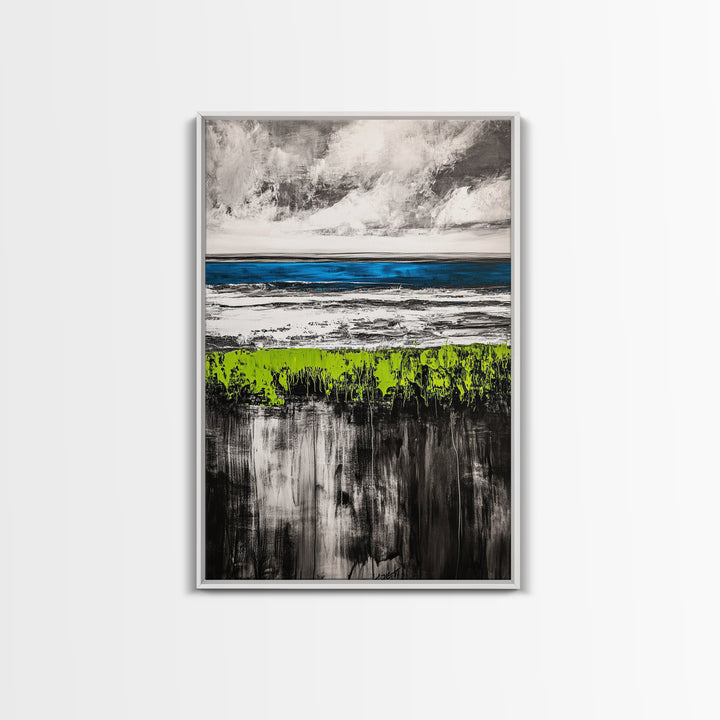 Coastal Horizon, Abstract Ocean, Framed Canvas Print, Beach Wall Art, Nautical Home Decor, Blue and White Art, Modern Living Room Art