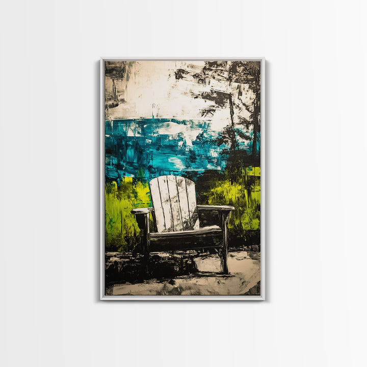 Adirondack Chair, Lakeside View, Framed Canvas Print, Rustic Cabin Decor, Nature Wall Art, Relaxing Retreat Art, Outdoor Artwork