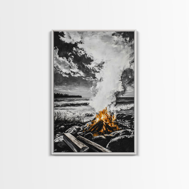 Bonfire on Beach, Coastal Sunset, Framed Canvas Print, Fall Wall Art, Warm Glow Art, Ocean Inspired Decor, Rustic Firelight, Home Accent