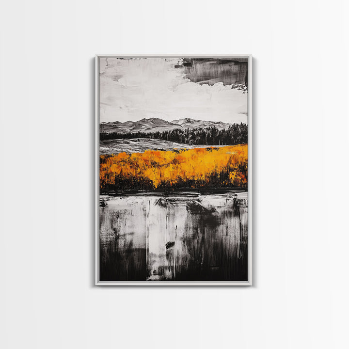 Autumn Mountain Scene, Yellow Trees Reflection, Black White Landscape, Rustic Cabin Art, Cozy Fall Wall Decor, Framed Canvas Print