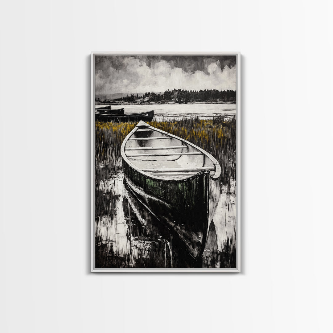 Canoe on Water, Lakeside Reflection, Framed Canvas Print, Nature Art, Cabin Wall Decor, Black and White Landscape, Serene Home Accent