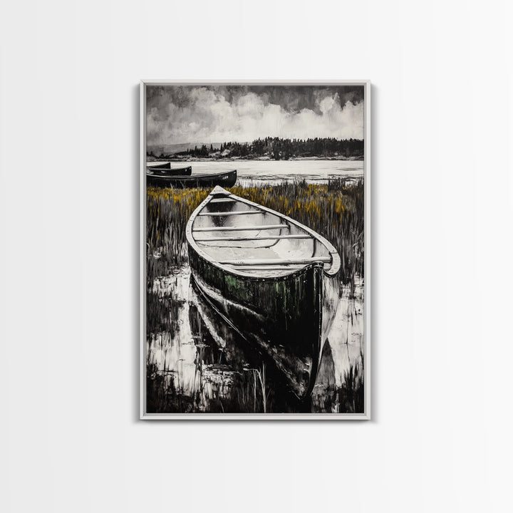 Canoe on Water, Lakeside Reflection, Framed Canvas Print, Nature Art, Cabin Wall Decor, Black and White Landscape, Serene Home Accent