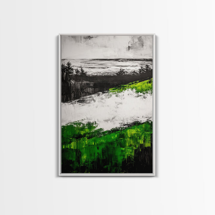 Coastal Cliffs, Ocean Landscape Art, Green Hills Painting, Nature Decor, Outdoor Wall Art, Minimalist Home Print, Framed Canvas Print