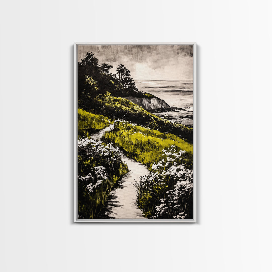 Pathway View, Coastal Nature Painting, Canvas Print, Scenic Landscape, Green and White Wall Art, Serene Home Decor, Boho Artwork