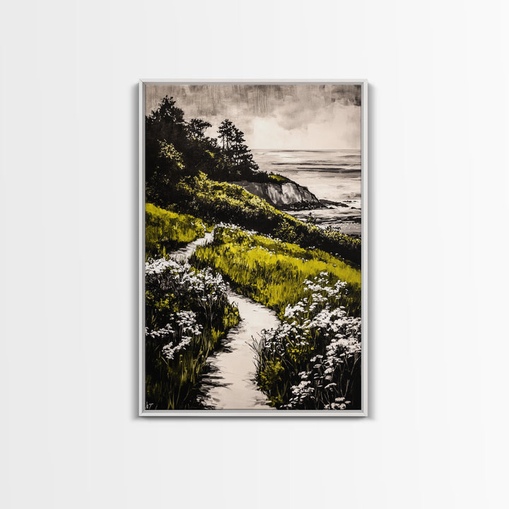 Pathway View, Coastal Nature Painting, Canvas Print, Scenic Landscape, Green and White Wall Art, Serene Home Decor, Boho Artwork