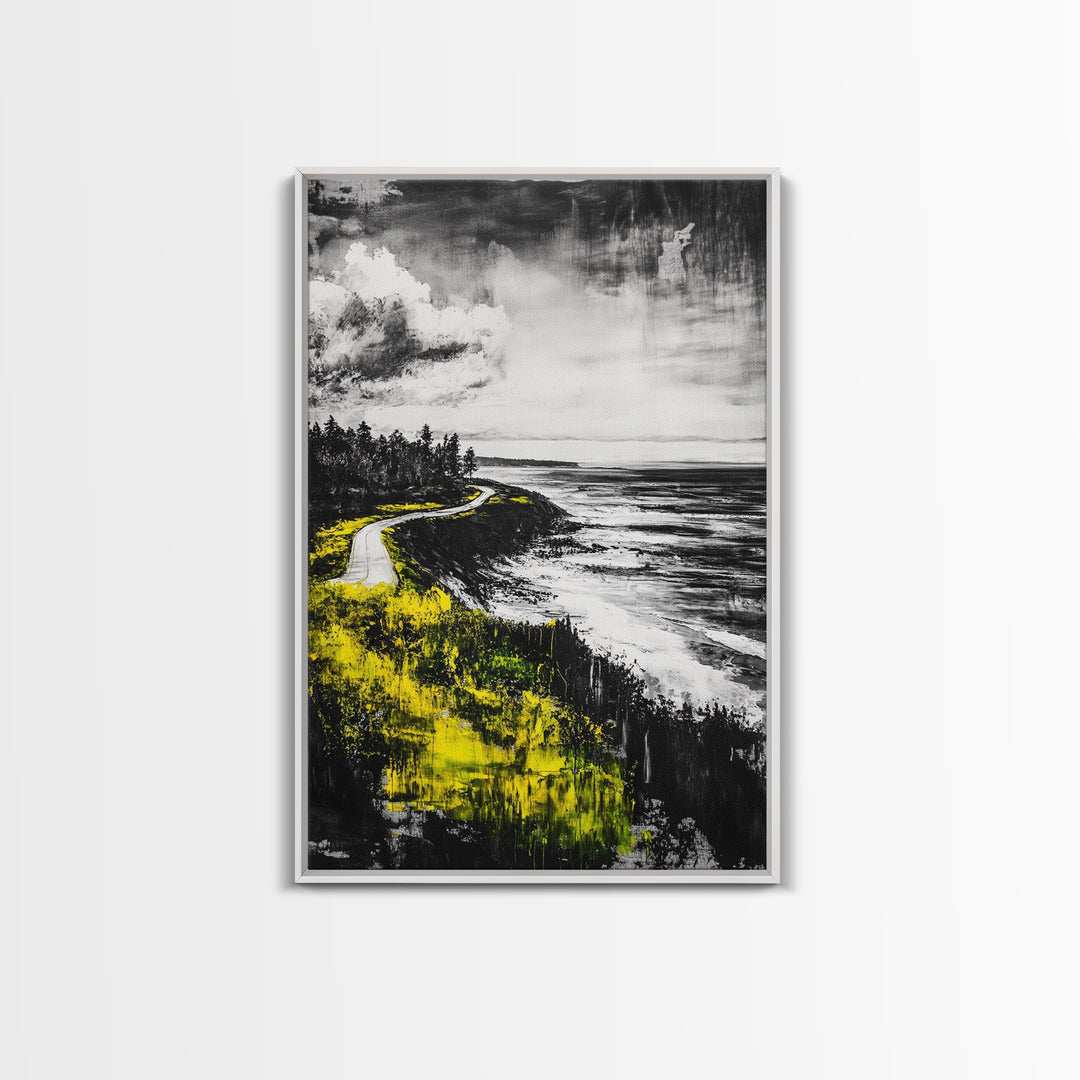 Coastal Road, Ocean View, Yellow Grass, Canvas Print, Scenic Landscape, Rustic Wall Art, Beach House Decor, Nature Painting
