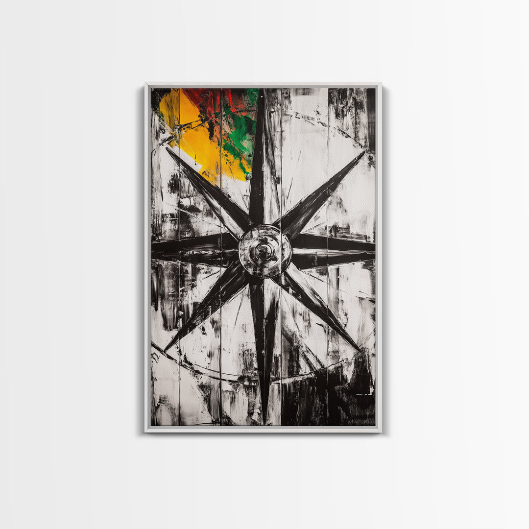 Compass Rose, Nautical Symbol, Abstract Design, Canvas Print, Black and White Art, Coastal Wall Decor, Modern Minimalist Artwork