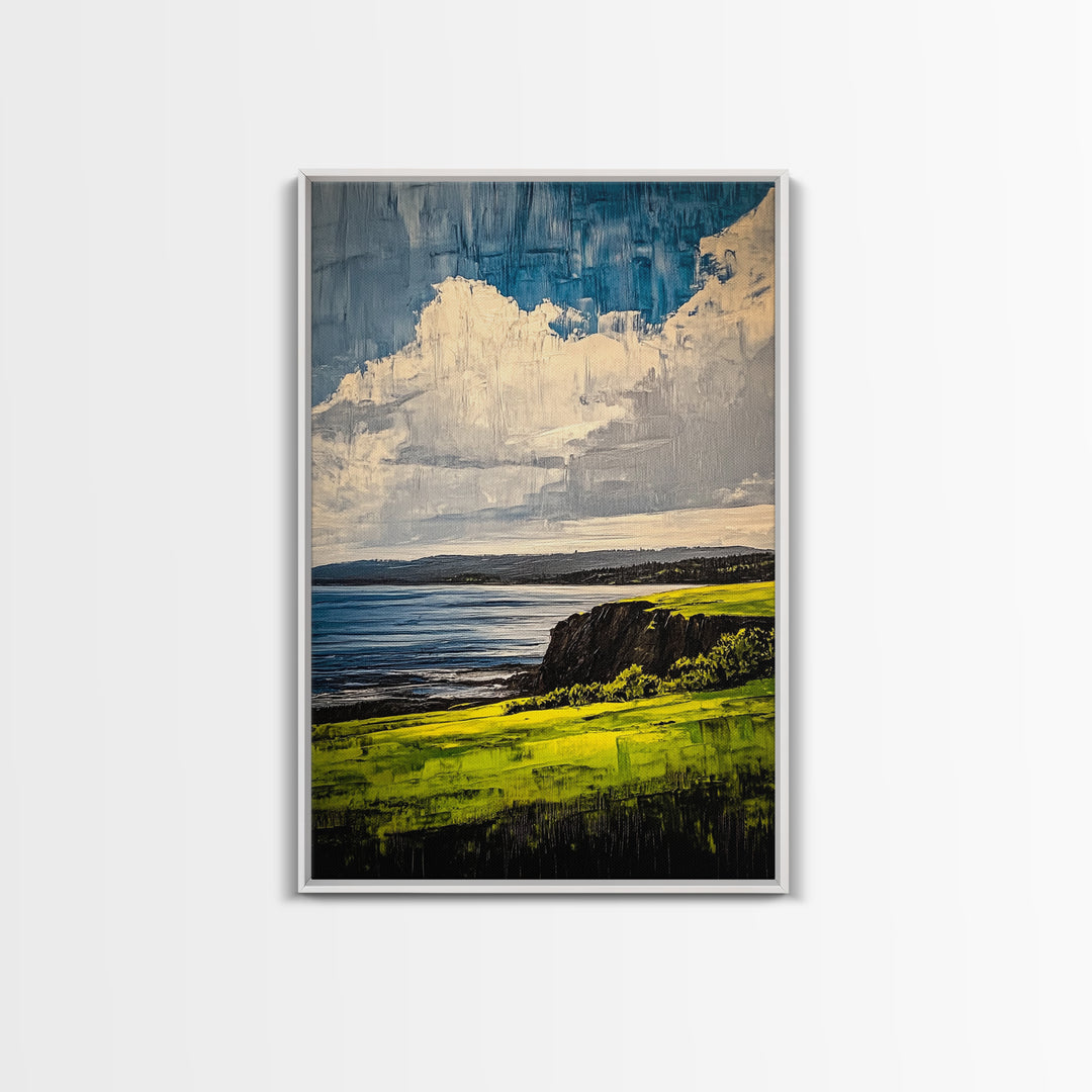 Coastal Cliff Art, Ocean View Print, Nature Landscape Decor, Tranquil Wall Art, Serene Scenery Print, Living Room Art, Framed Canvas Print