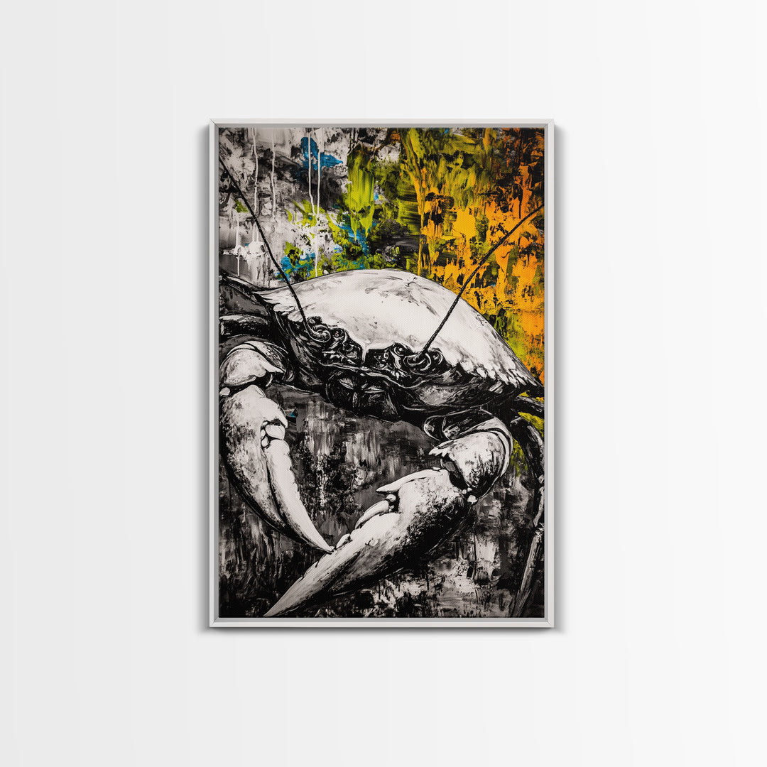 Crab Wall Art, Nautical Coastal Print, Monochrome Decor, Rustic Beach House Art, Marine Illustration, Kitchen Art, Framed Canvas Print