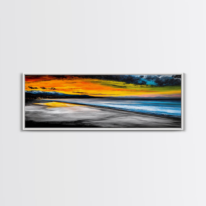 Dramatic Beach Sunset, Golden Coastal Painting, Moody Ocean Wall Art, Vibrant Seascape Print, Tropical Home Decor, Framed Canvas Print