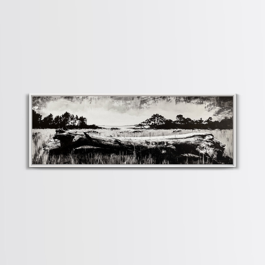 Driftwood Beach, Coastal Landscape, Framed Canvas Print, Black and White Wall Art, Nature Photography Style, Serene Home Decor, Bedroom Art