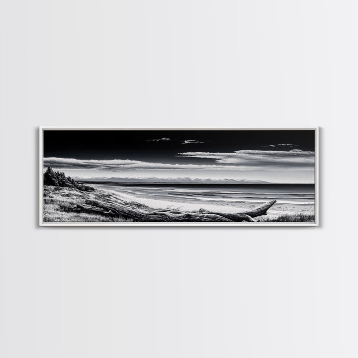 Black and White Beach, Coastal Wall Art, Modern Seascape, Minimalist Art, Monochrome Print, Framed Canvas Print, Bedroom Decor