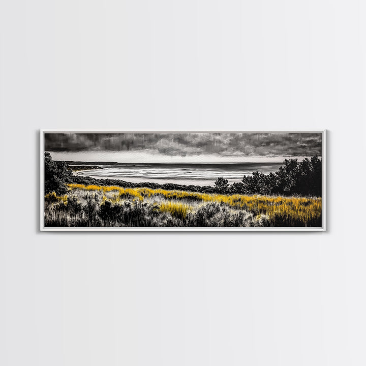 Coastal Storm, Moody Ocean Art, Dramatic Landscape, Black and Gold Print, Framed Canvas Print, Modern Wall Art, Beach House Decor