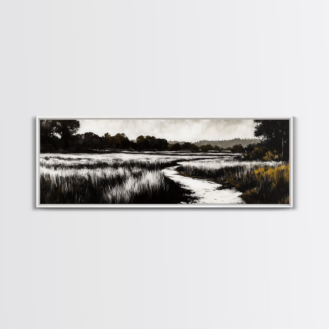 Black and White Marsh, Rustic Landscape, Moody Wall Art, Minimalist Nature Print, Framed Canvas Print, Bedroom Wall Decor