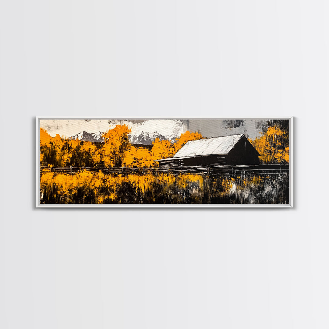 Rustic Cabin, Autumn Mountain Art, Western Wall Decor, Farmhouse Art, Fall Home Decor, Framed Canvas Print, Living Room Wall Art