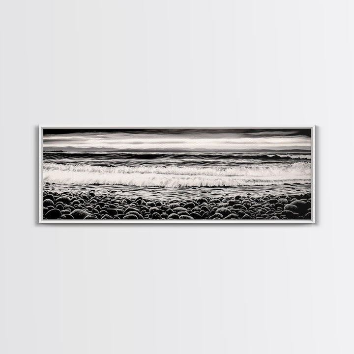 Black and White, Pebble Beach, Monochrome Ocean Art, Coastal Canvas Print, Minimalist Wall Art, Living Room Decor, Framed Canvas Print