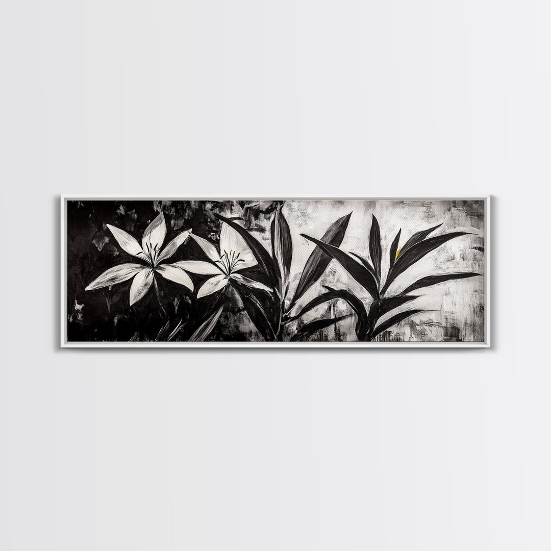 Monochrome Floral, Black and White Flowers, Botanical Wall Art, Minimalist Decor, Framed Canvas Print, Bedroom Art, Modern Aesthetic, Elegant Art