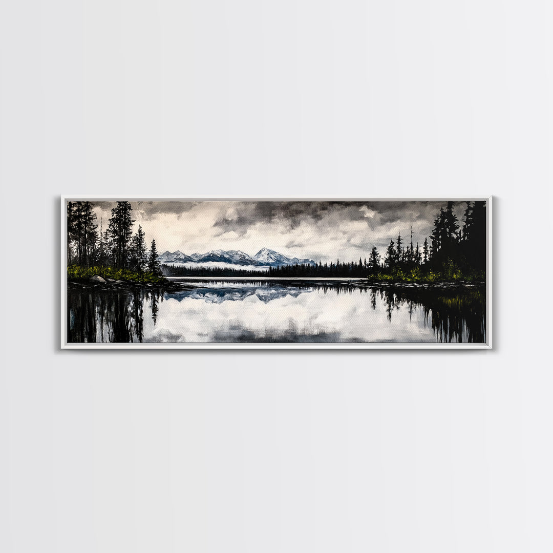 Mountain Reflection, Tranquil Lake Art, Black and White Landscape, Nature Inspired Decor, Framed Canvas Print, Cabin Wall Art, Moody Forest Scene