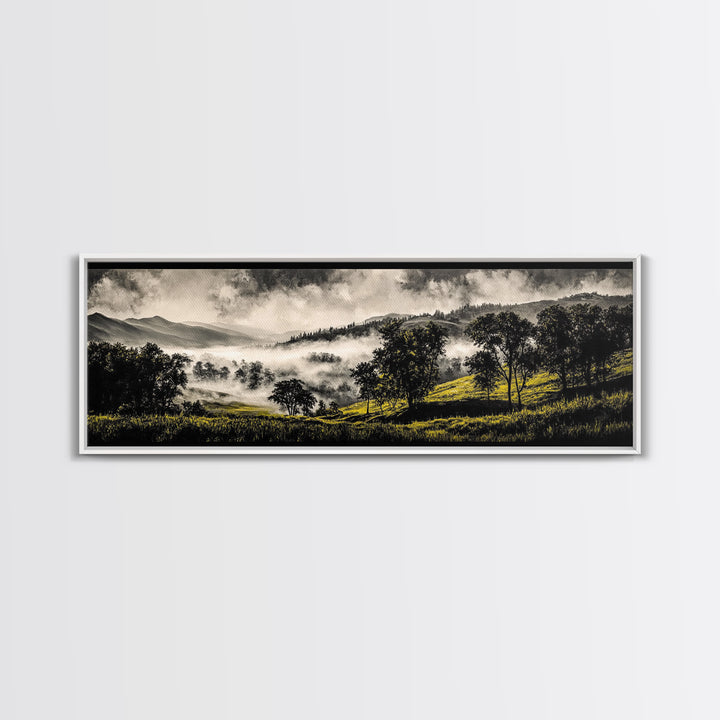 Rolling Hills, Misty Landscape, Moody Mountain Art, Nature Inspired Decor, Framed Canvas Print, Living Room Wall Art, Dramatic Foggy Scene