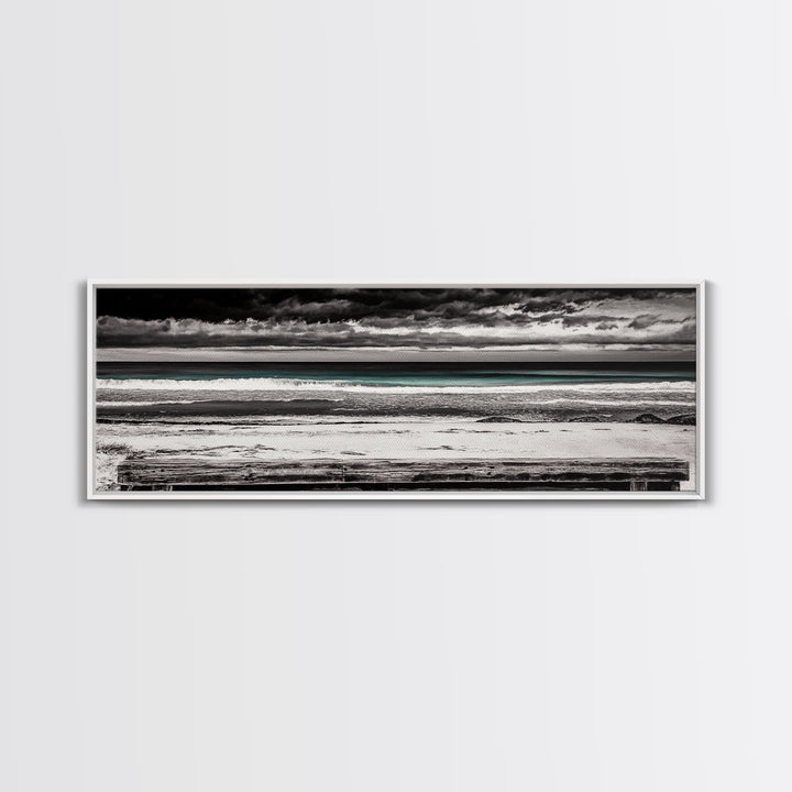 Ocean Bench, Beach Serenity, Black and White Seascape, Minimalist Art, Framed Canvas Print, Calm Coastal, Meditation Space
