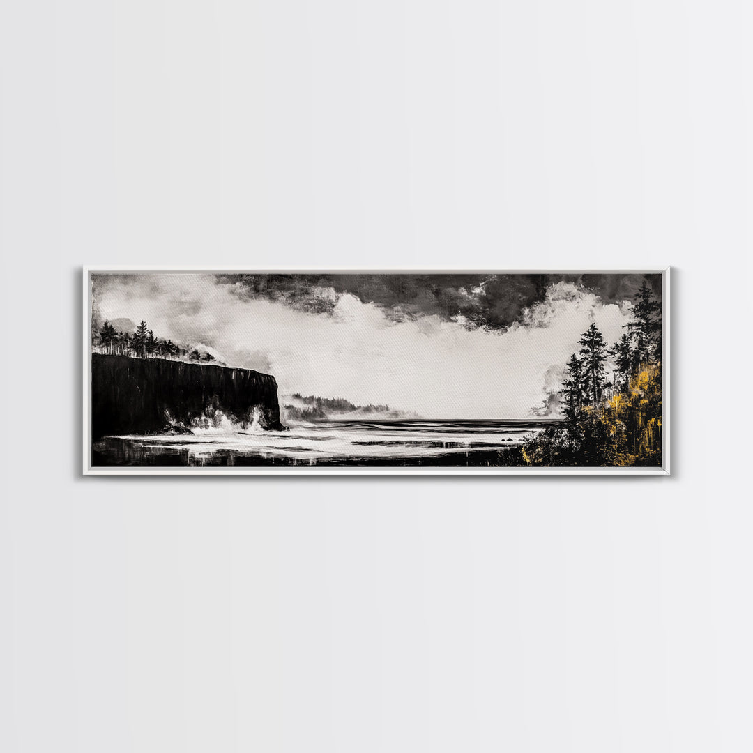 Cliffside Ocean, Dramatic Seascape, Moody Coast, Monochrome, Framed Canvas Print, Coastal Wall Art, Nautical Decor, Large Wall Art