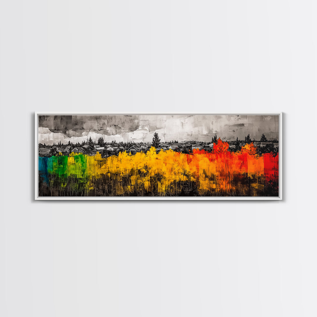 Autumn Trees, Village Scene, Vibrant Fall Decor, Warm Seasonal Print, Nature Inspired Artwork, Living Room Wall Art, Framed Canvas Print