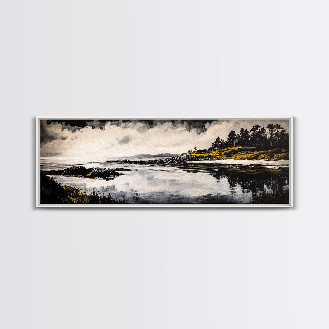 Coastal Reflection, Black White Art, Framed Canvas Print, Modern Landscape Art, Minimalist Decor, Large Wall Art, Bedroom Wall Art