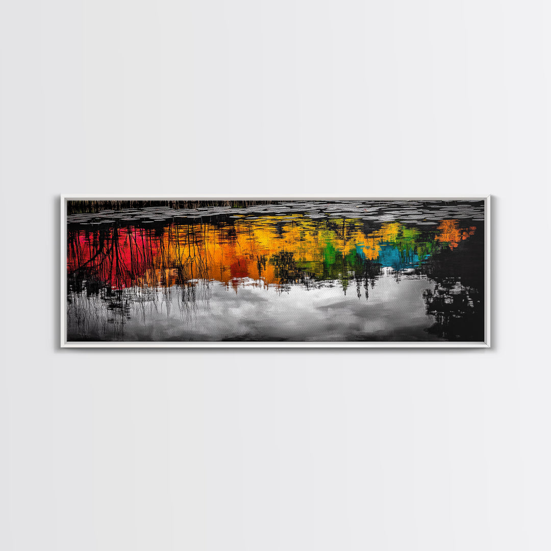 Colorful Reflection, Abstract Water Art, Nature Painting, Autumn Trees, Vibrant Colors, Black and White Contrast, Canvas Print