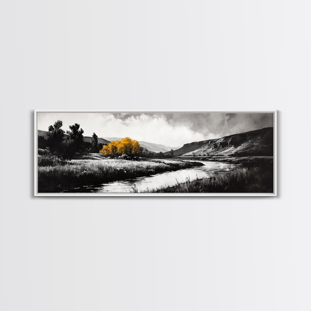 River Landscape, Rustic Nature Art, Black and White with Yellow Accent, Peaceful Scenery, Living Room Decor, Canvas Print