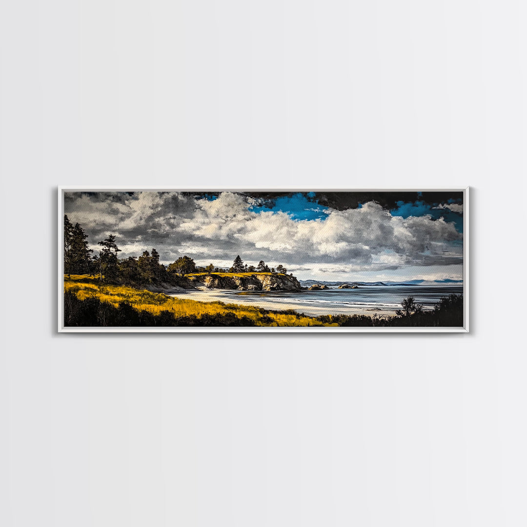 Dramatic Beach, Blue Sky, Coastal Landscape Art, Canvas Print, Modern Nature Decor, Living Room Artwork, Large Scenic Wall Art