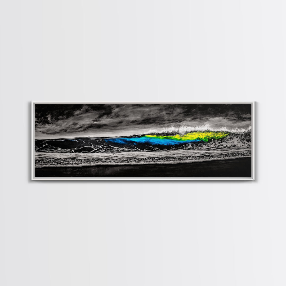 Black, White, Wave, Framed Canvas Print, Surf Wall Art, High Contrast Ocean Scene, Modern Coastal Decor, Contemporary Wave Painting, Monochrome