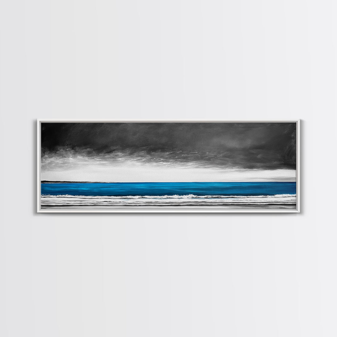 Blue Ocean, Moody Seascape, Coastal Wall Art, Minimalist Beach Scene, Black and White Decor, Framed Canvas Print, Bathroom Wall Art