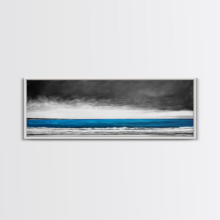 Blue Ocean, Moody Seascape, Coastal Wall Art, Minimalist Beach Scene, Black and White Decor, Framed Canvas Print, Bathroom Wall Art