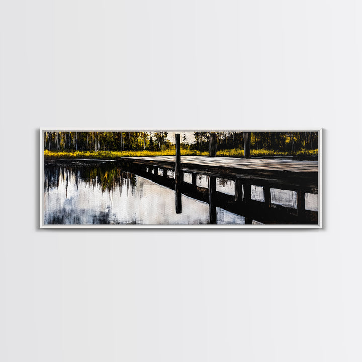 Lakeside Dock, Reflection Art, Serene Water, Framed Canvas Print, Tranquil Nature Scene, Rustic Cabin Decor, Woodland Wall Art, Large Art