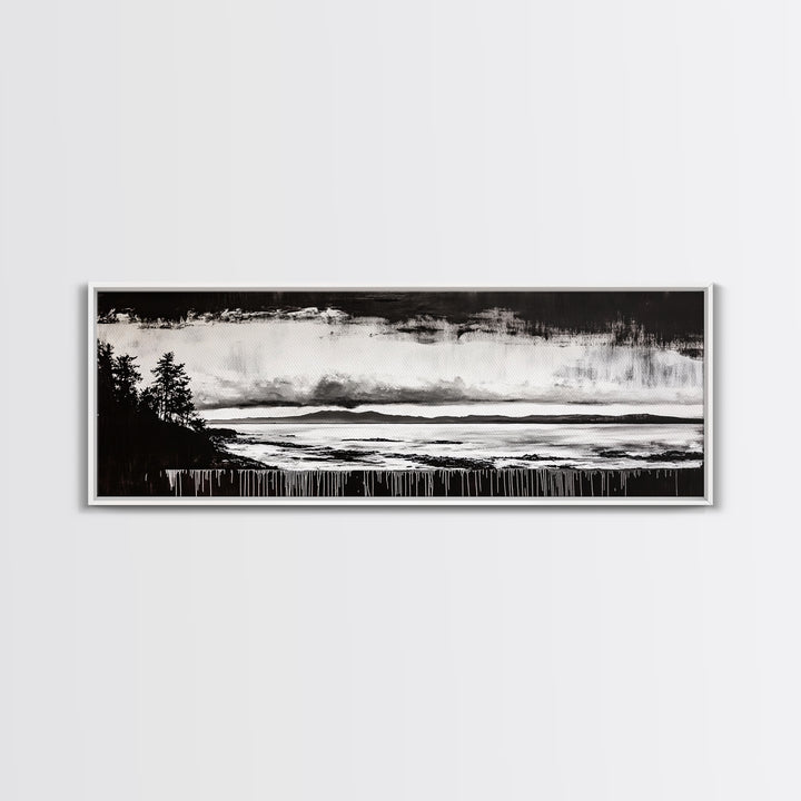 Black White Seascape, Ocean Storm, Dramatic Sky, Framed Canvas Print, Minimalist Art, Coastal Wall Decor, Office Accent, Nautical Home Art