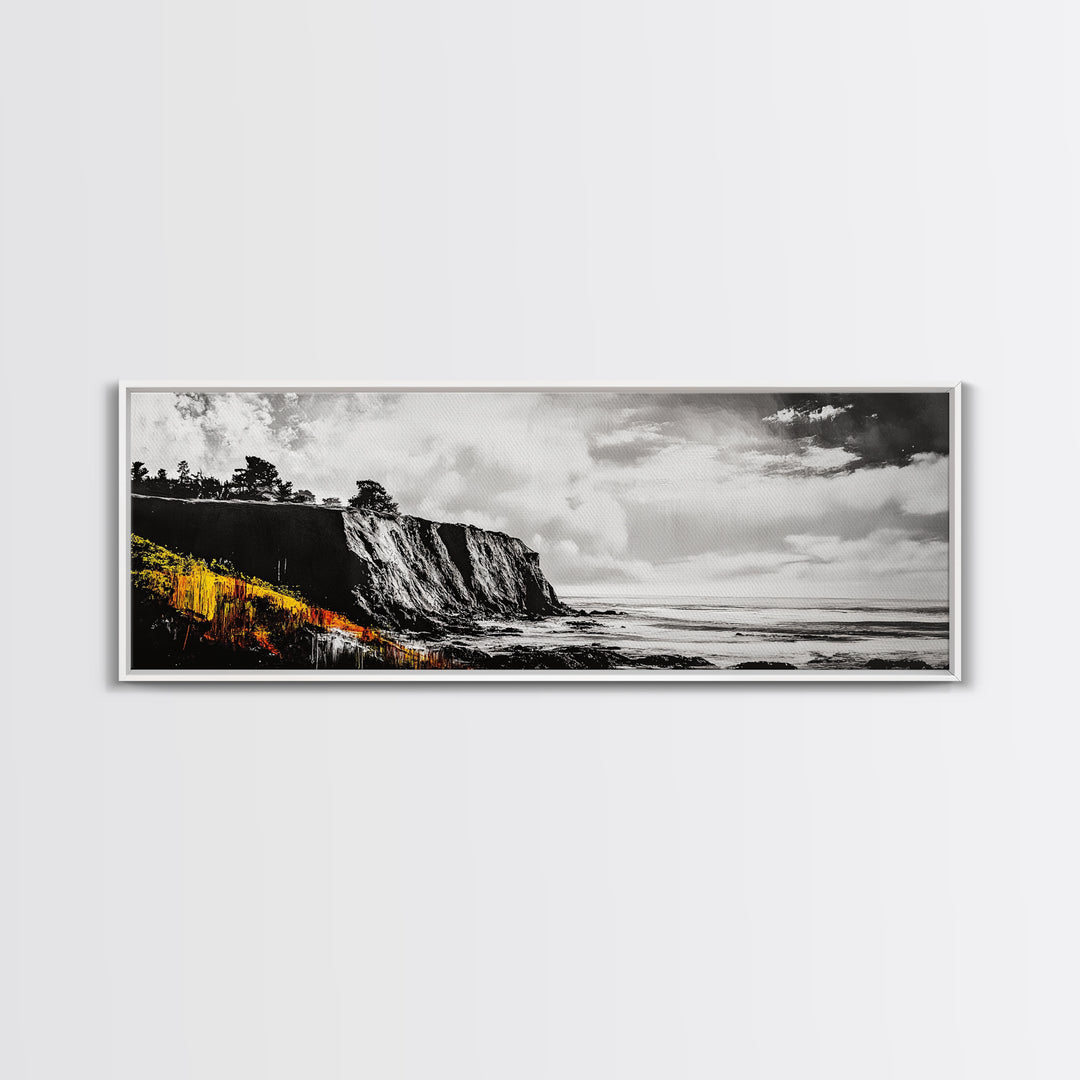 Coastal Cliff Painting, Black and White Seascape, Ocean View Artwork, Modern Nautical Decor, Beach House Wall Art, Framed Canvas Print