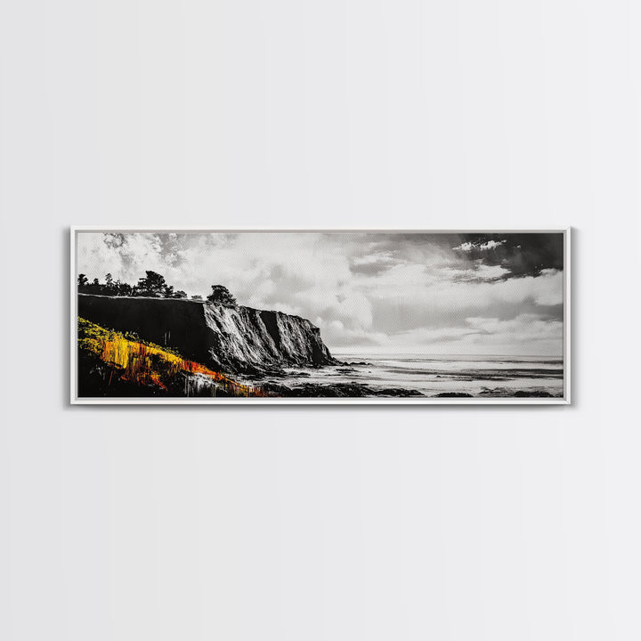 Coastal Cliff Painting, Black and White Seascape, Ocean View Artwork, Modern Nautical Decor, Beach House Wall Art, Framed Canvas Print