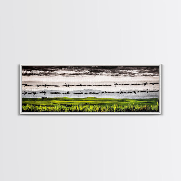 Barbed Wire Art, Rural Landscape Print, Farmhouse Wall Decor, Countryside Canvas Print, Rustic Living Room Art, Framed Canvas Print