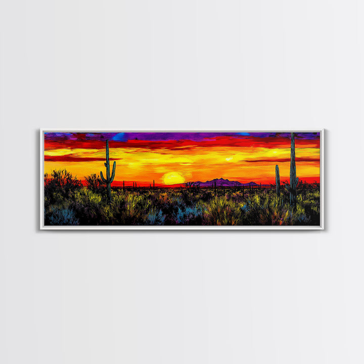 Desert Sunset Art, Vibrant Cactus Painting, Warm Boho Landscape, Southwestern Wall Decor, Bold Nature Print, Framed Canvas Print