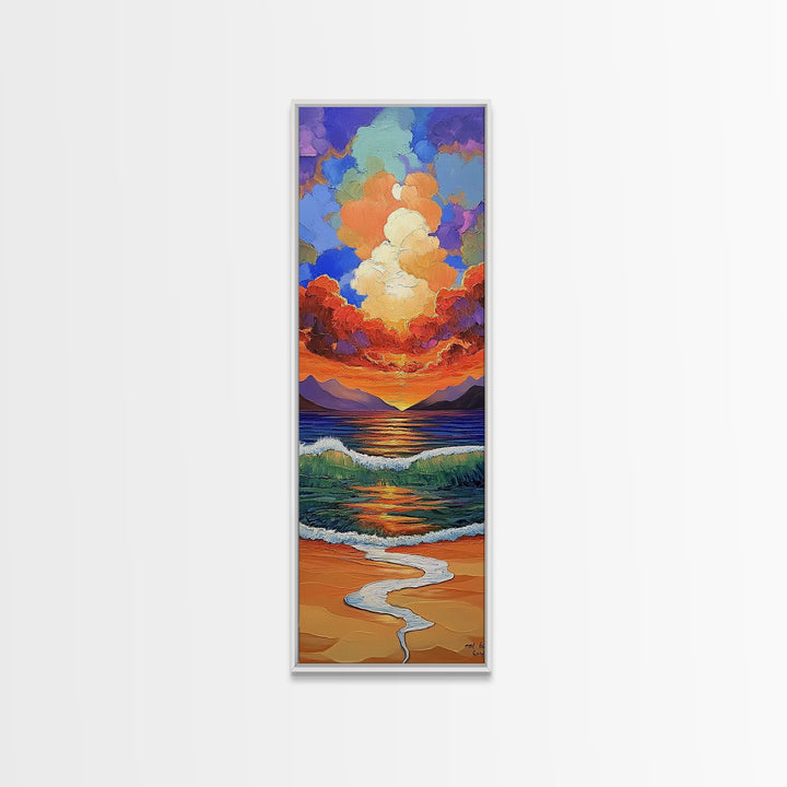 Ocean Sunset, Waves Painting, Framed Canvas Print, dramatic beach sunset, crashing waves, bold seascape, boho home decor, bathroom wall art