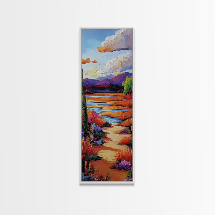 Path Mountains, Autumn Meadow, Vibrant Fall trail scene Framed Canvas Print, rustic seasonal wall art, living room nature decor
